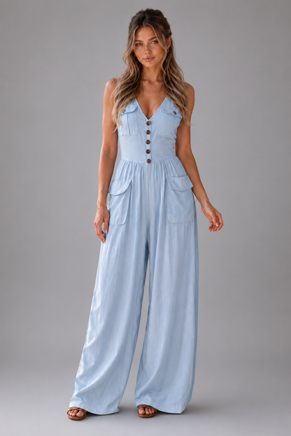 Women's Lightweight Sleeveless Wide Leg Jumpsuit – Relaxed Fit with Patch Pockets