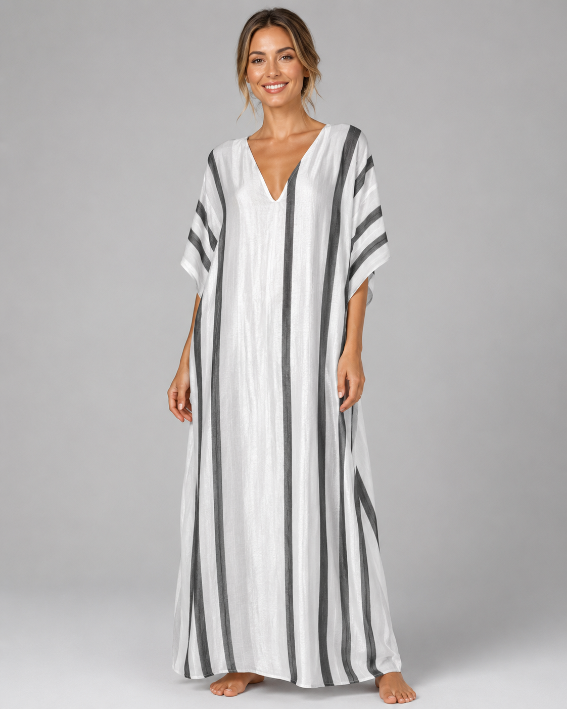 Women's Long Kaftan Dress – Relaxed Fit with Mediterranean-Inspired Stripes – Plus Size Available