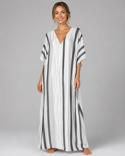 Women's Long Kaftan Dress – Relaxed Fit with Mediterranean-Inspired Stripes – Plus Size Available