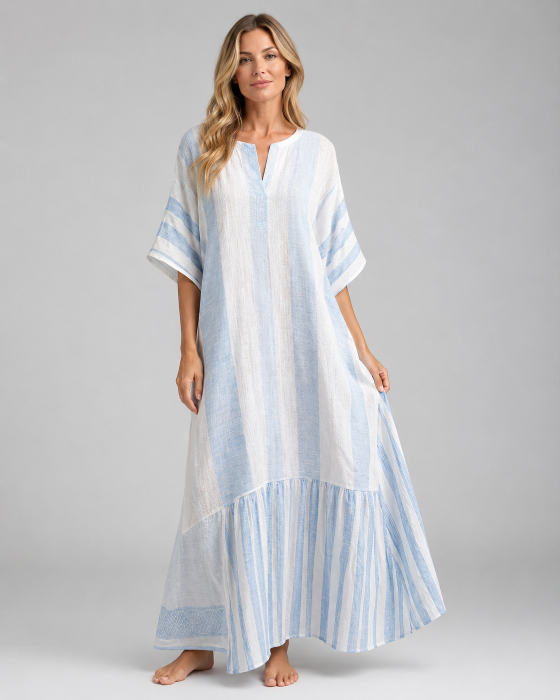 Women's Long Kaftan Dress – Relaxed Fit with Mediterranean-Inspired Stripes – Plus Size Available