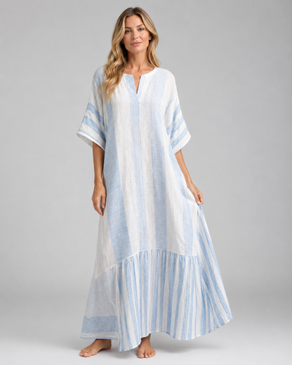 Women's Long Kaftan Dress – Relaxed Fit with Mediterranean-Inspired Stripes – Plus Size Available