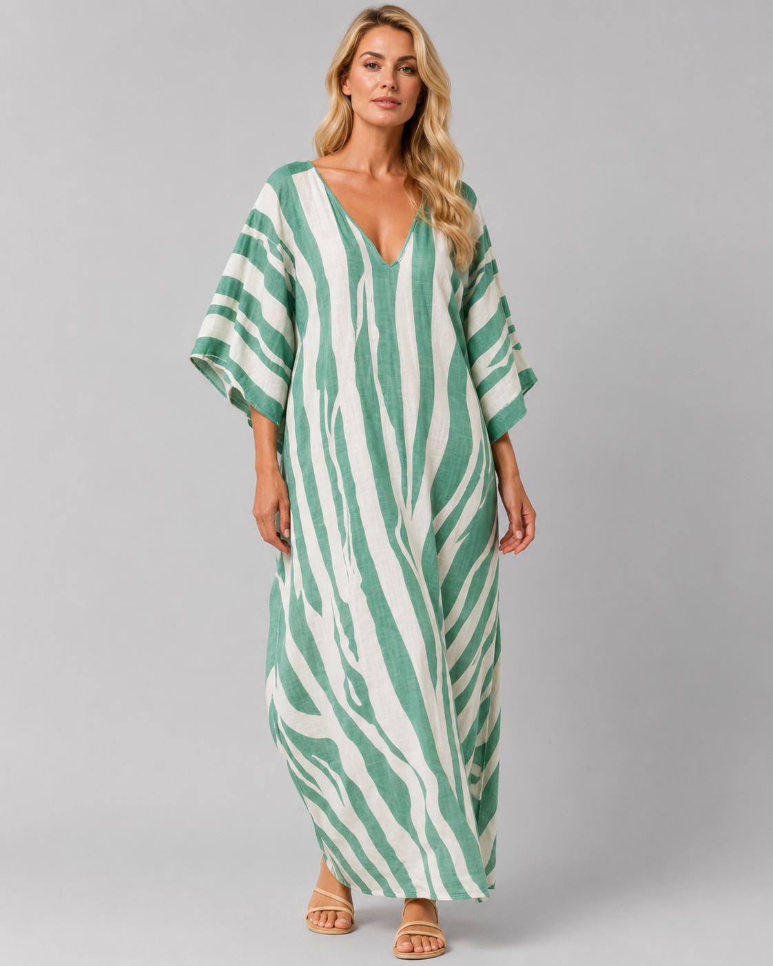 Women's Long Kaftan Dress – Relaxed Fit with Mediterranean-Inspired Stripes – Plus Size Available
