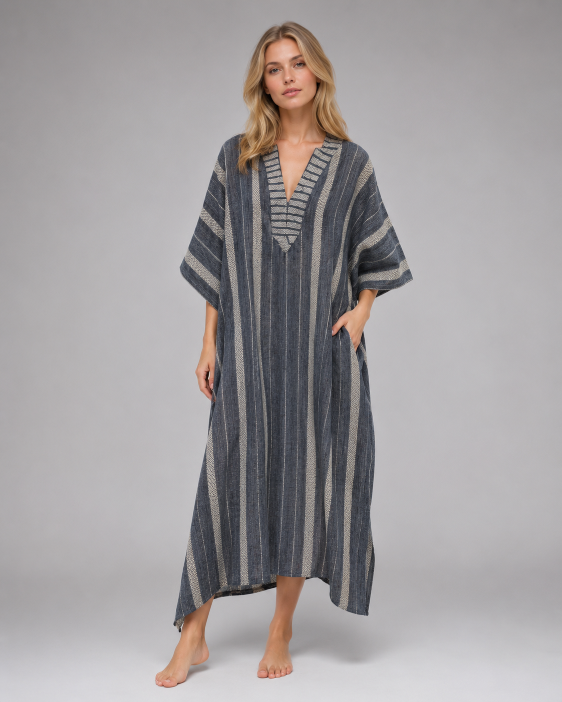 Women's Long Kaftan Dress – Relaxed Fit with Mediterranean-Inspired Stripes – Plus Size Available