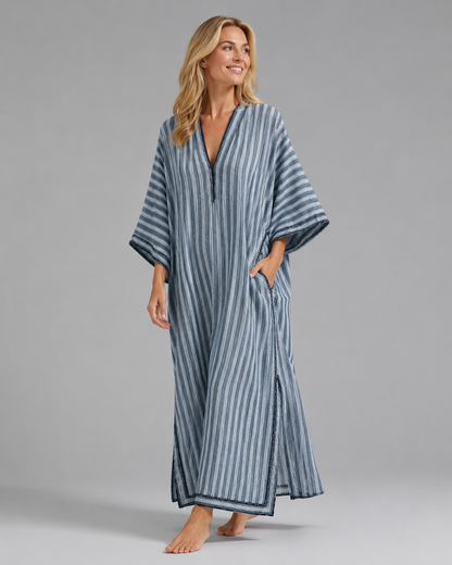 Women's Long Kaftan Dress – Relaxed Fit with Mediterranean-Inspired Stripes – Plus Size Available