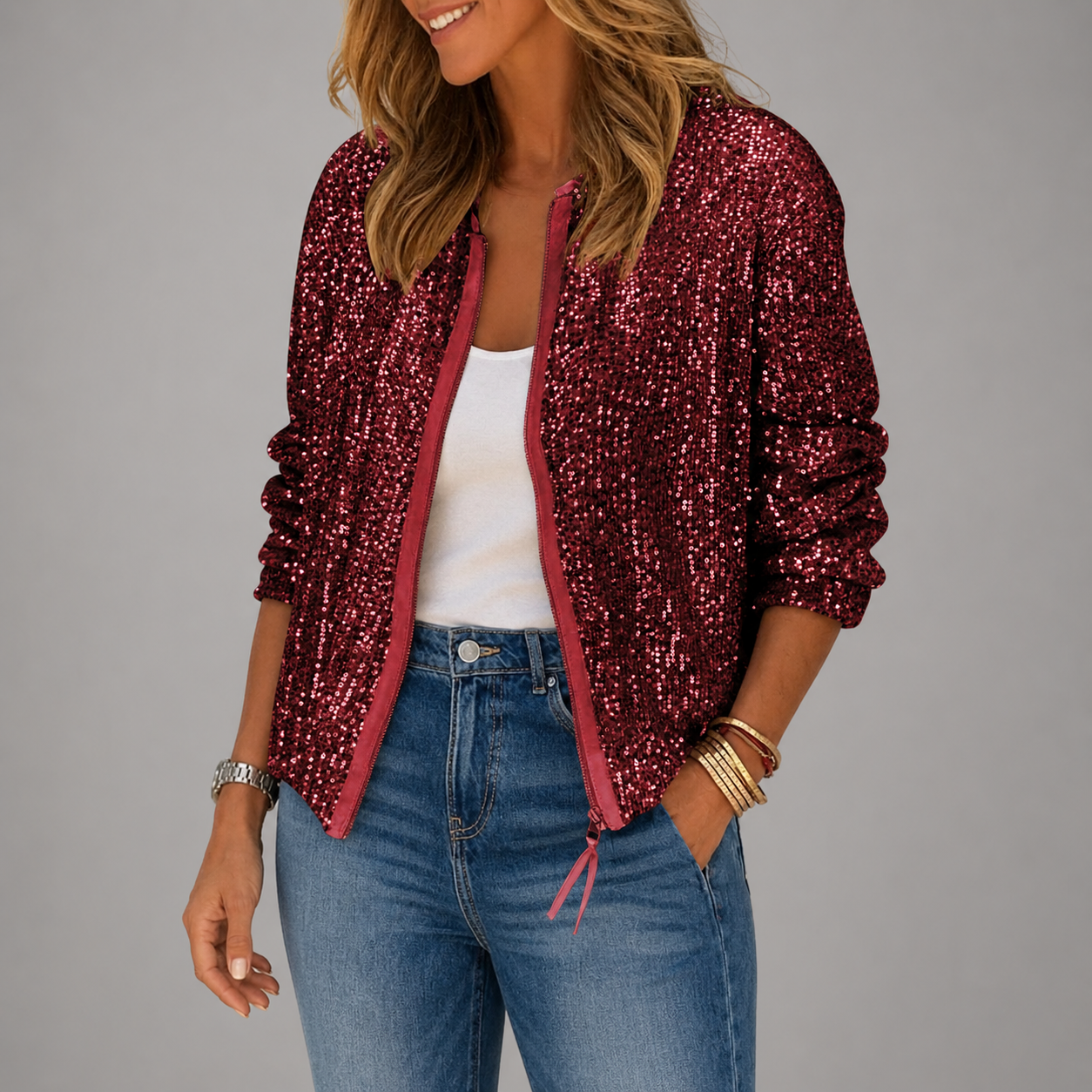 Women's Sequin Bomber Jacket – Relaxed Fit with Zip Fastening and Side Pockets