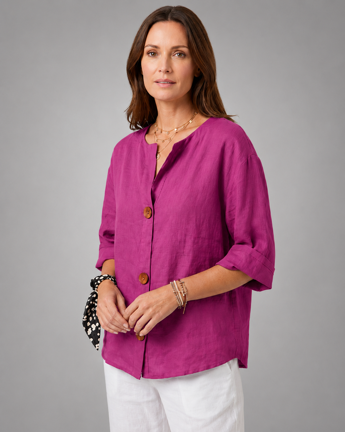 Women's Lightweight Blouse – Split Neck with 3/4 Sleeves – Relaxed Fit