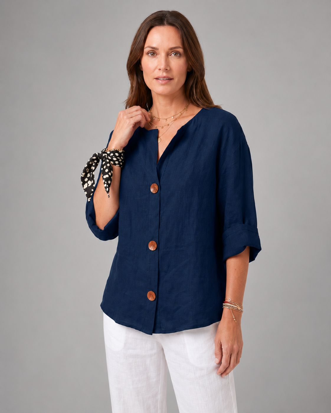 Women's Lightweight Blouse – Split Neck with 3/4 Sleeves – Relaxed Fit