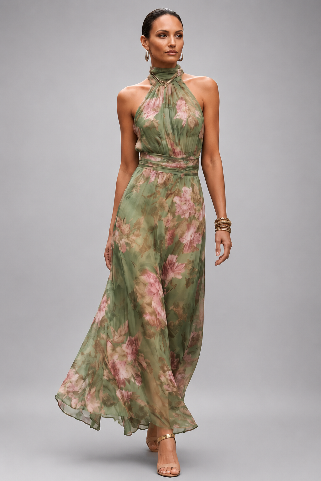 Women's Floral Printed Summer Maxi Dress – Halter Neckline, Defined Waist