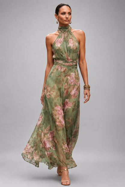 Women's Floral Printed Summer Maxi Dress – Halter Neckline, Defined Waist