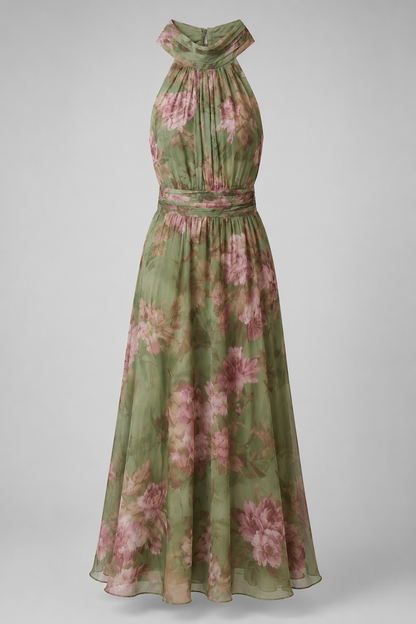 Women's Floral Printed Summer Maxi Dress – Halter Neckline, Defined Waist