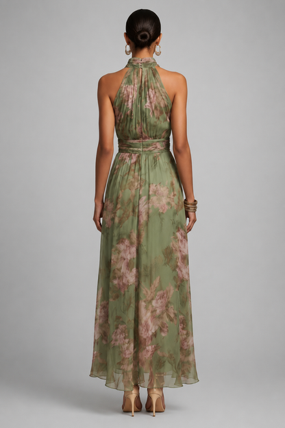 Women's Floral Printed Summer Maxi Dress – Halter Neckline, Defined Waist