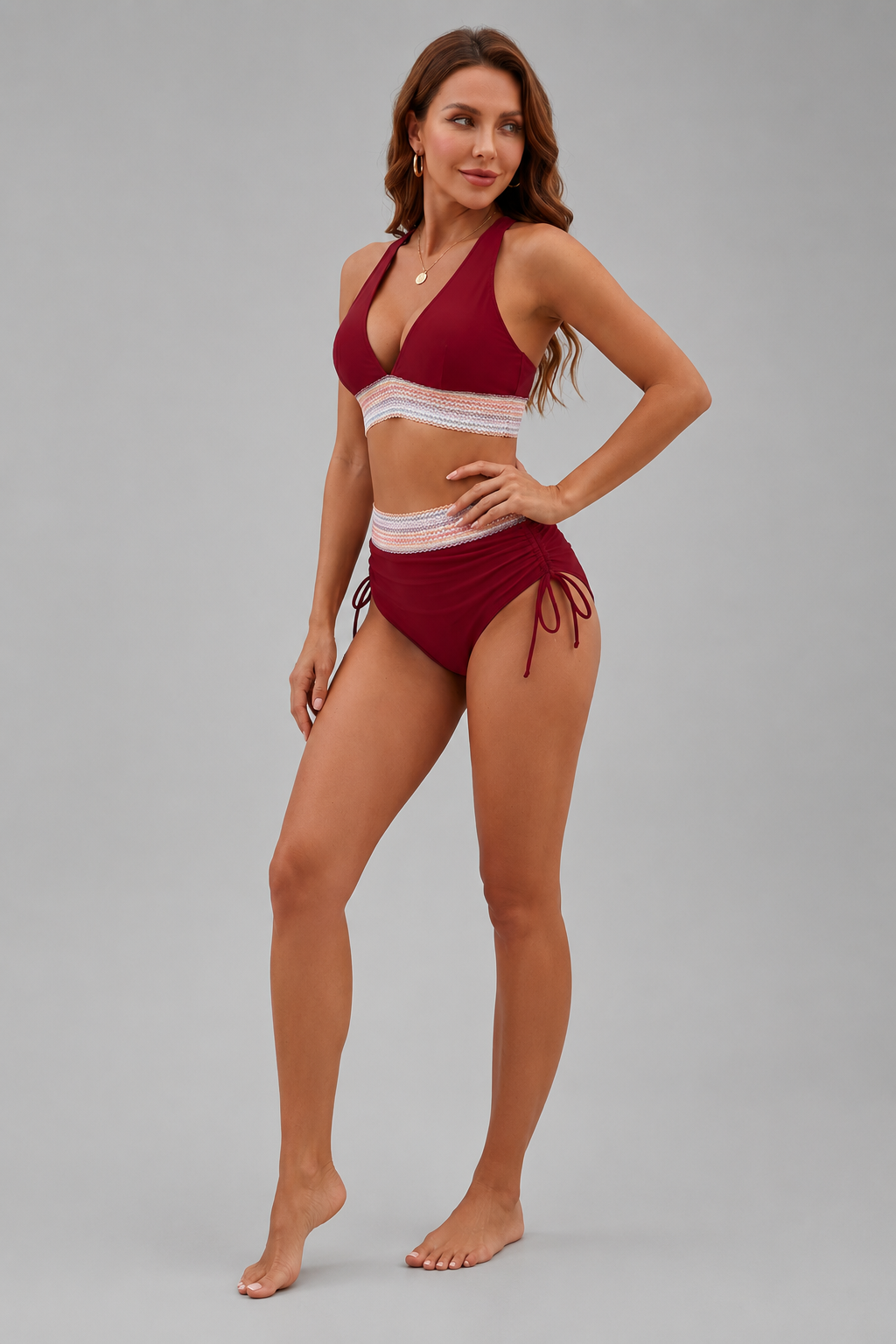 Women's Tummy Control Two-Piece Swimwear – Deep V-Neckline, Adjustable Wide Straps