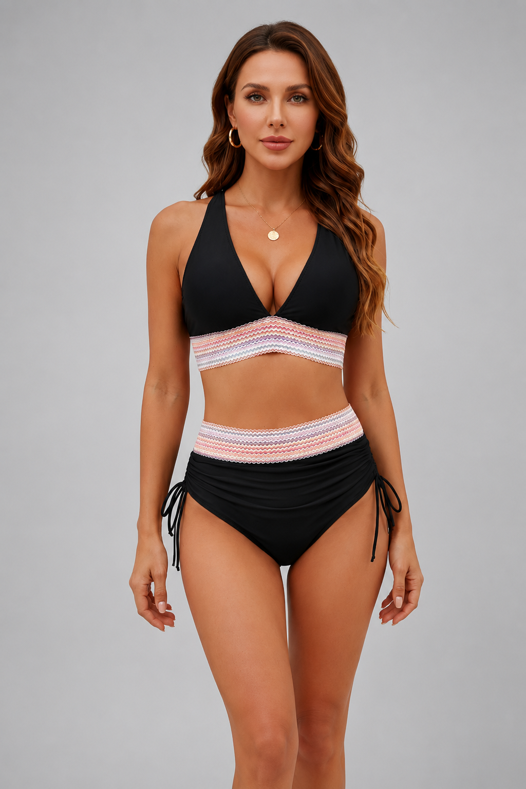 Women's Tummy Control Two-Piece Swimwear – Deep V-Neckline, Adjustable Wide Straps