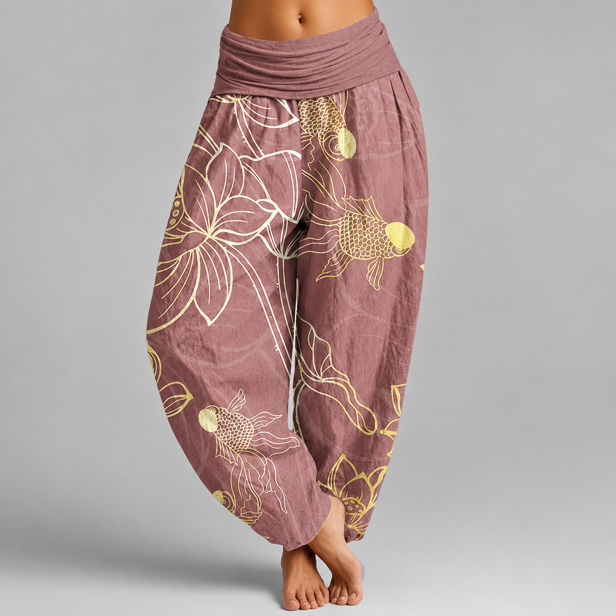 Womens Pants | Cotton Harem Style with Koi Fish & Lotus Design | Relaxed Fit for Everyday Comfort 5