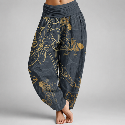 Womens Pants | Cotton Harem Style with Koi Fish & Lotus Design | Relaxed Fit for Everyday Comfort 2