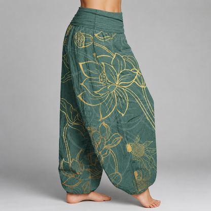 Womens Pants | Cotton Harem Style with Koi Fish & Lotus Design | Relaxed Fit for Everyday Comfort 7