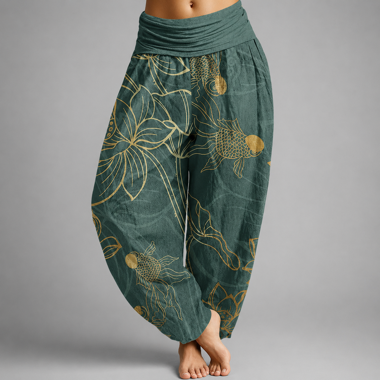 Womens Pants | Cotton Harem Style with Koi Fish & Lotus Design | Relaxed Fit for Everyday Comfort 1