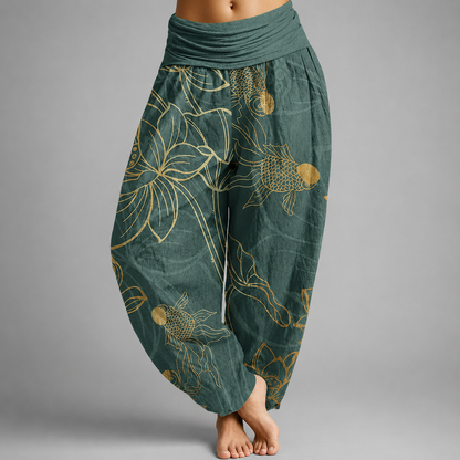 Womens Pants | Cotton Harem Style with Koi Fish & Lotus Design | Relaxed Fit for Everyday Comfort 1