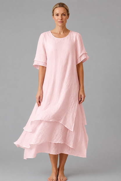 Linen Look Midi Dress | Women's Summer Dresses with Double-Layer Hem | Relaxed Fit for Effortless Elegance 3