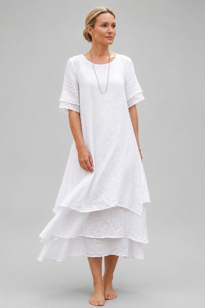 Linen Look Midi Dress | Women's Summer Dresses with Double-Layer Hem | Relaxed Fit for Effortless Elegance 2