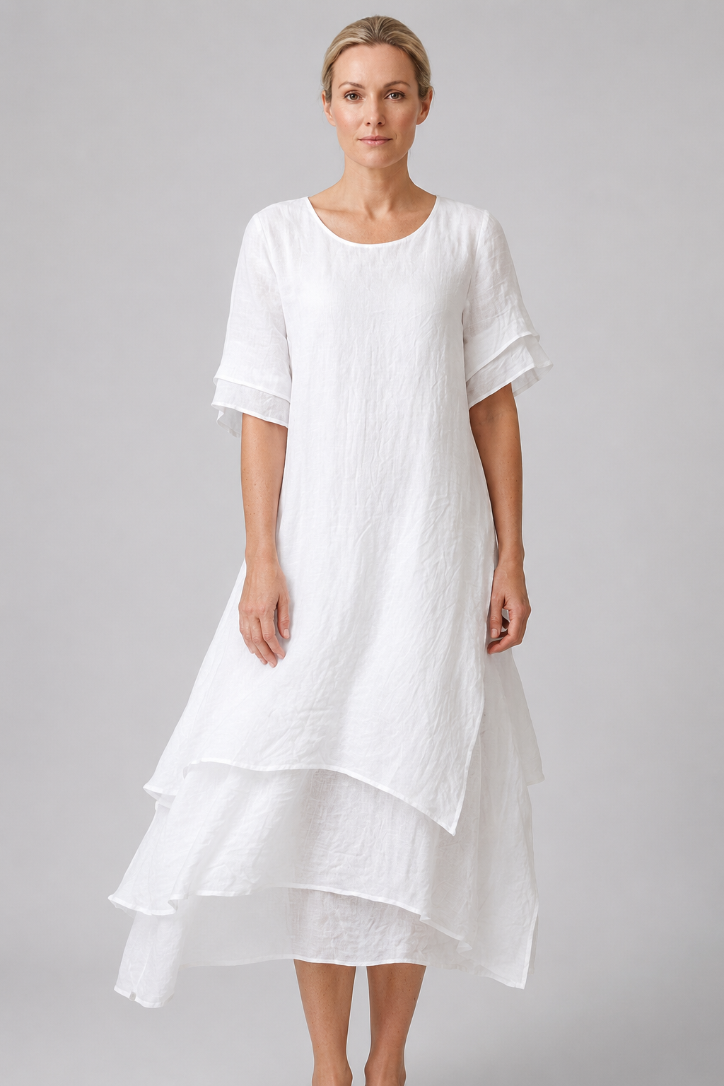 Linen Look Midi Dress | Women's Summer Dresses with Double-Layer Hem | Relaxed Fit for Effortless Elegance 1