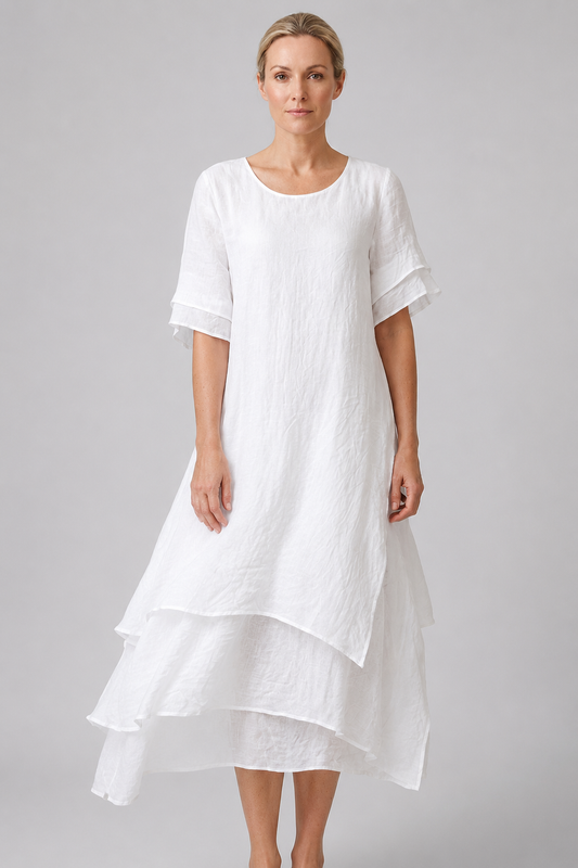 Linen Look Midi Dress | Women's Summer Dresses with Double-Layer Hem | Relaxed Fit for Effortless Elegance 1
