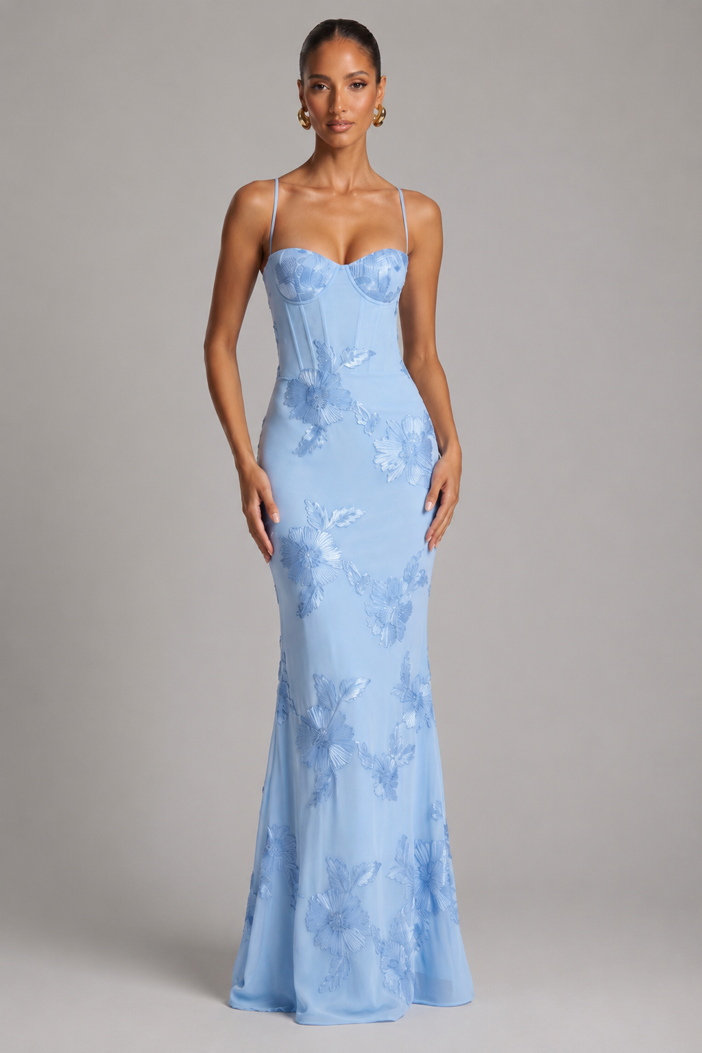 Women's Fitted Maxi Dress – Floral Appliqué with Lace-Up Back
