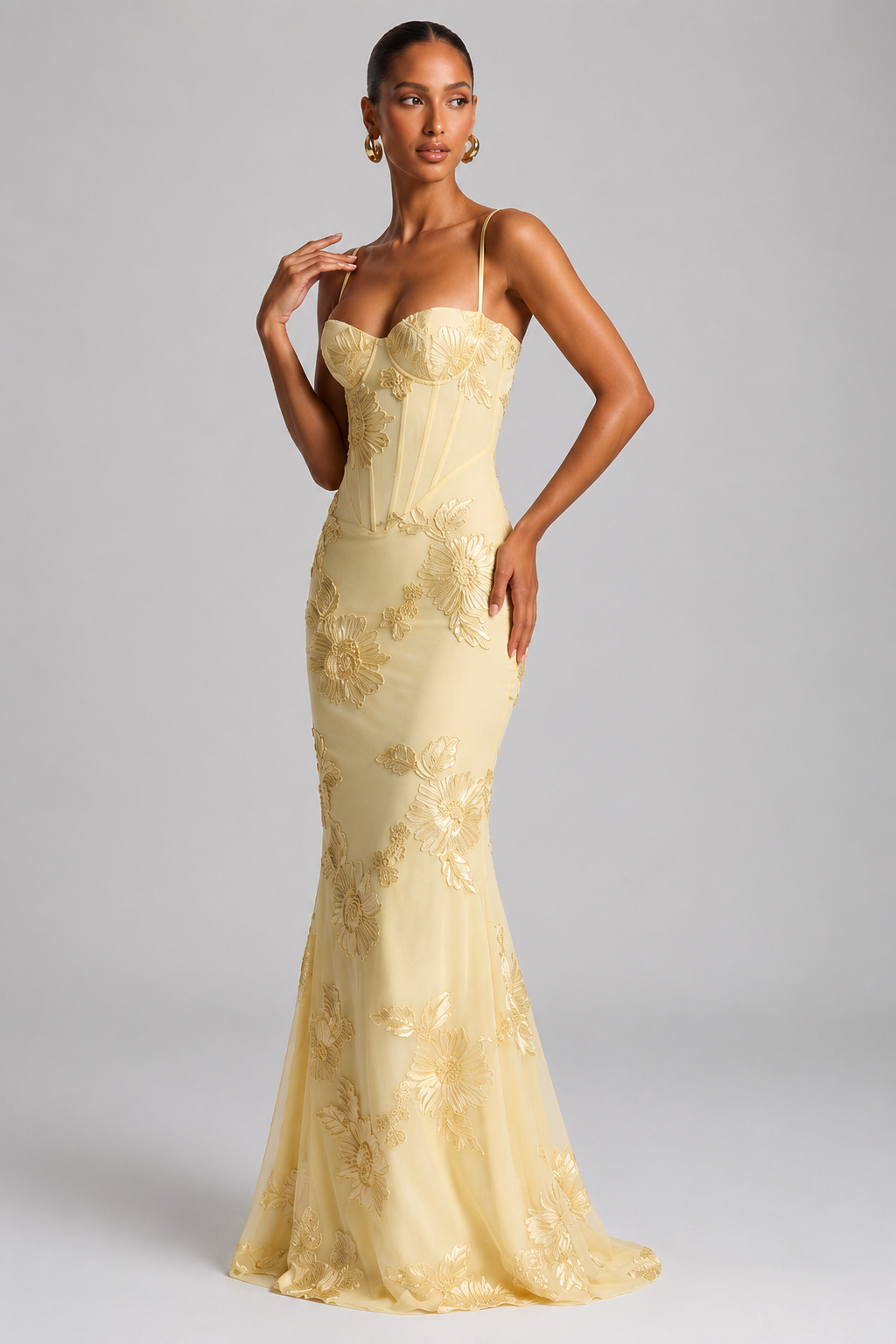 Women's Fitted Maxi Dress – Floral Appliqué with Lace-Up Back