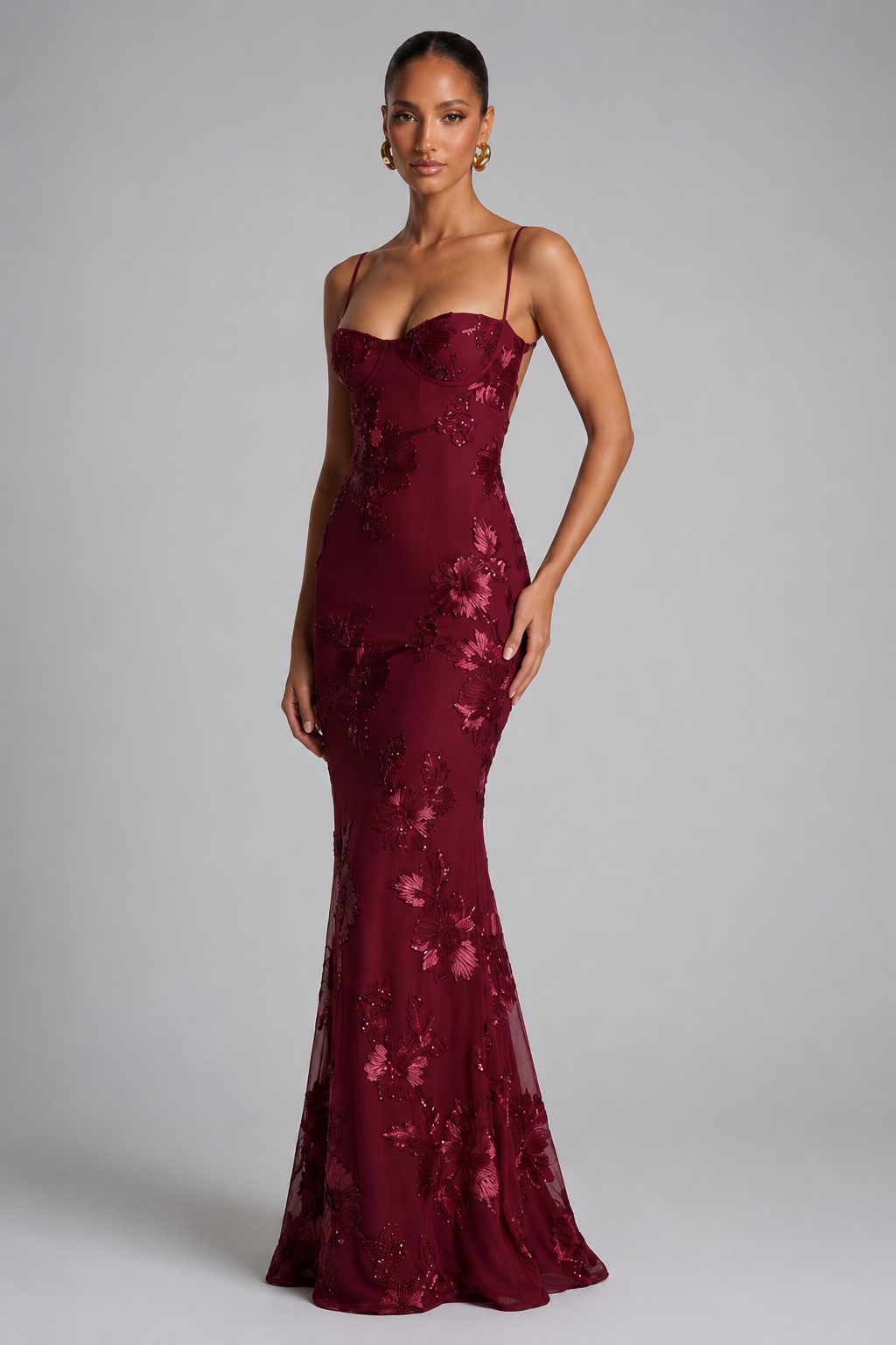 Women's Fitted Maxi Dress – Floral Appliqué with Lace-Up Back