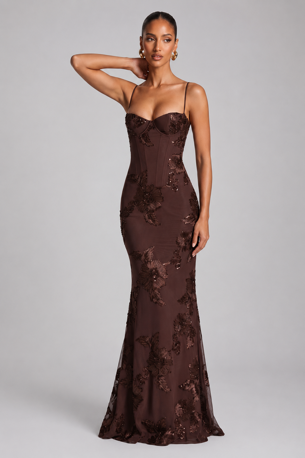 Women's Fitted Maxi Dress – Floral Appliqué with Lace-Up Back