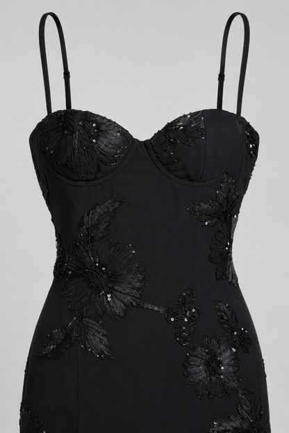 Women's Fitted Maxi Dress – Floral Appliqué with Lace-Up Back