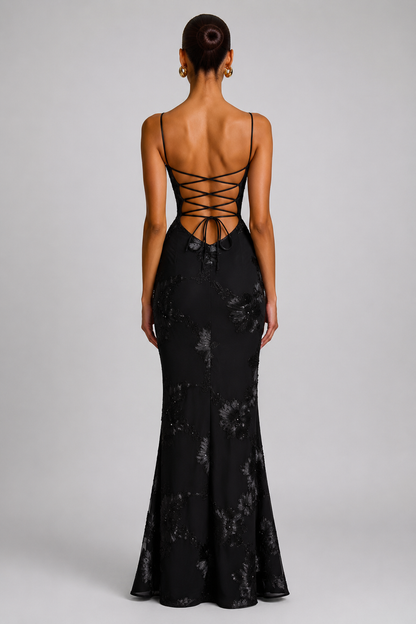 Women's Fitted Maxi Dress – Floral Appliqué with Lace-Up Back