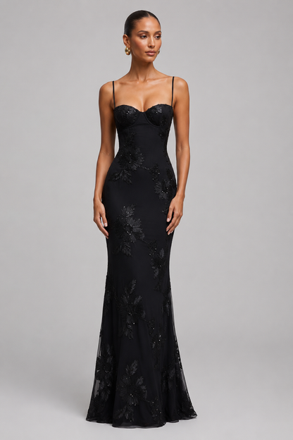 Women's Fitted Maxi Dress – Floral Appliqué with Lace-Up Back