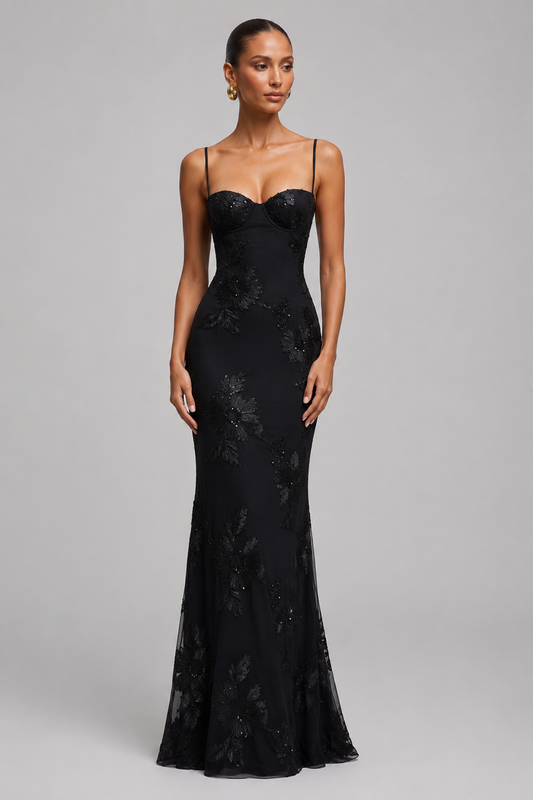 Women's Fitted Maxi Dress – Floral Appliqué with Lace-Up Back