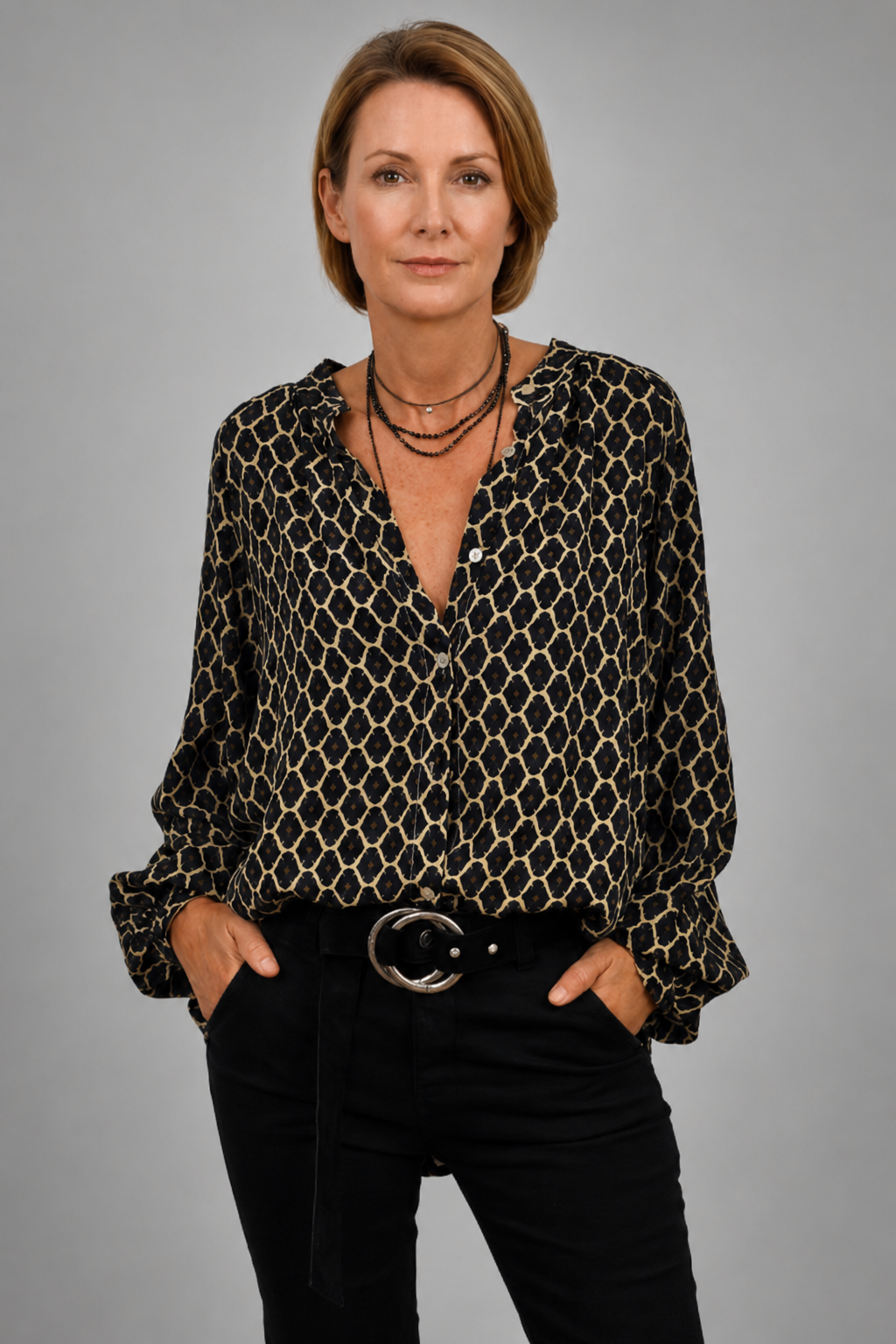 Geo Chic | Women's Blouse with Flattering V Neck | Lightweight & Relaxed Fit for Everyday Elegance 2