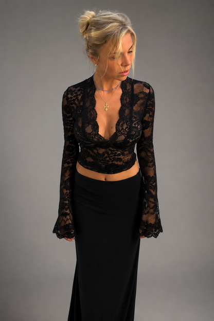 Elegant Lace Women's Top with Deep V Neck & Long Sleeves for Night Out 7