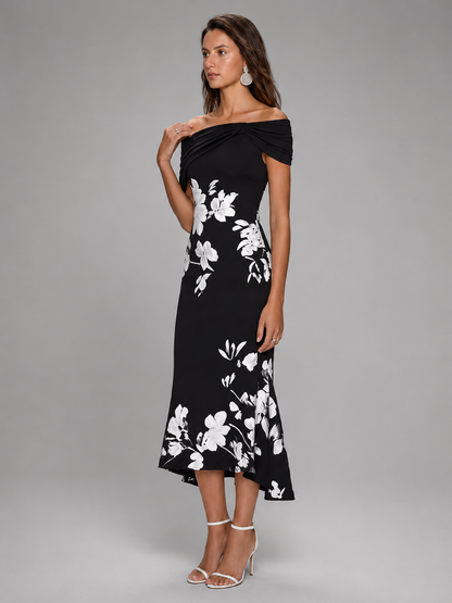 Womens Dress | Floral Print Midi Dress with Off-Shoulder Neckline | Elegant Cocktail Dress for Wedding Guests 5