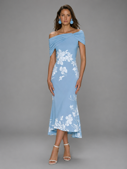 Womens Dress | Floral Print Midi Dress with Off-Shoulder Neckline | Elegant Cocktail Dress for Wedding Guests 3