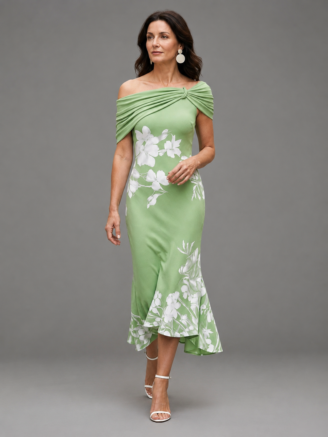 Womens Dress | Floral Print Midi Dress with Off-Shoulder Neckline | Elegant Cocktail Dress for Wedding Guests 1
