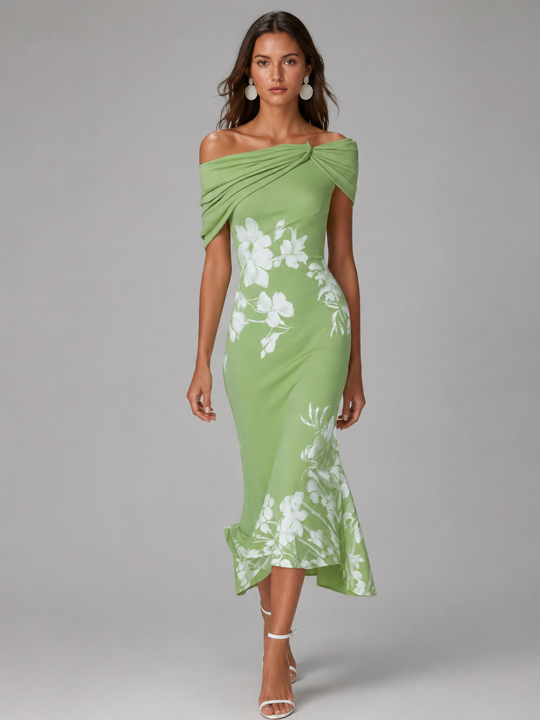 Womens Dress | Floral Print Midi Dress with Off-Shoulder Neckline | Elegant Cocktail Dress for Wedding Guests 2