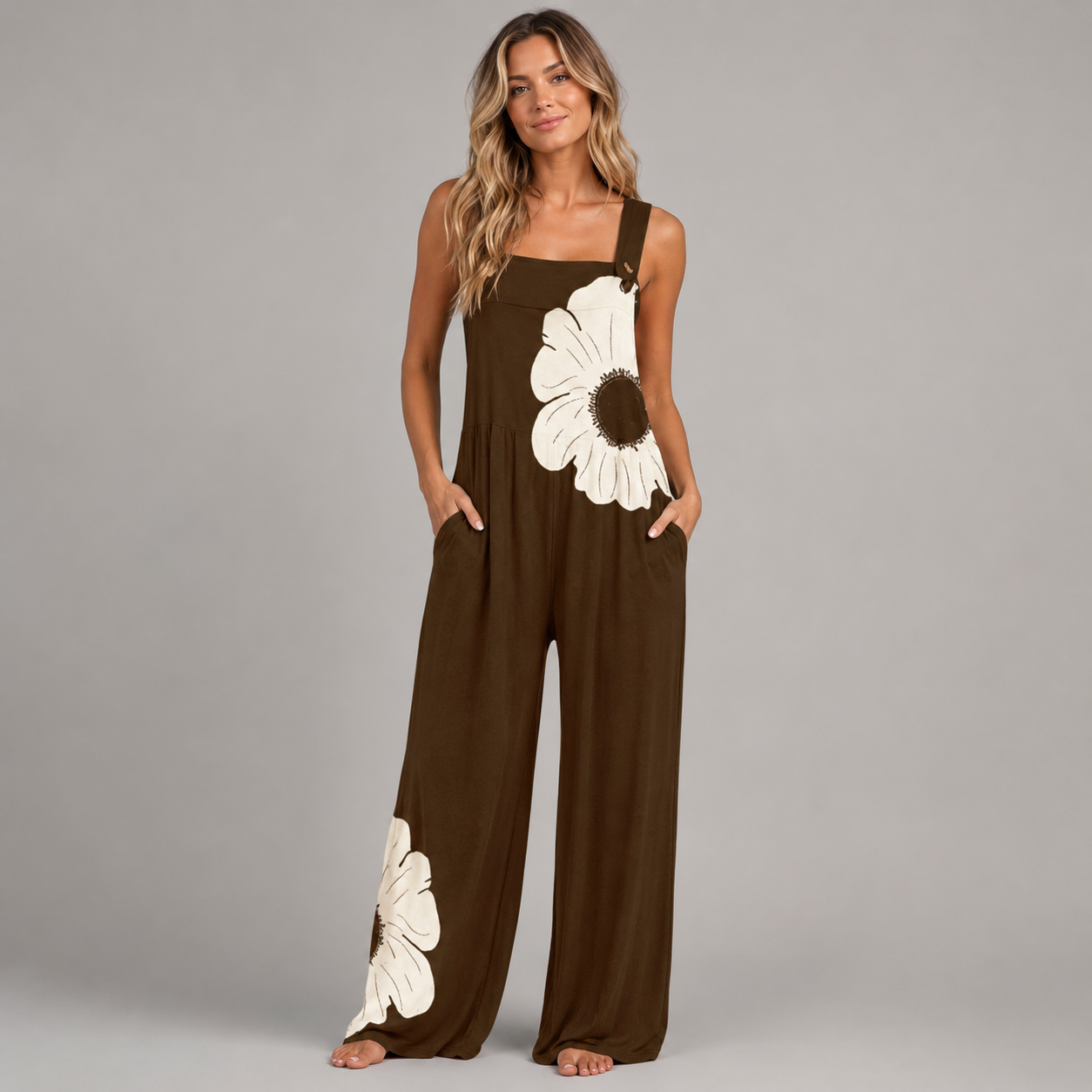 Women's Black Jumpsuit – Loose Fit with Contrast Floral Print