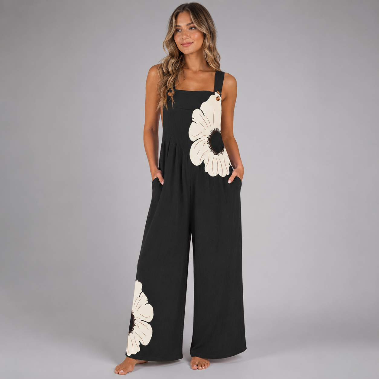 Women's Black Jumpsuit – Loose Fit with Contrast Floral Print