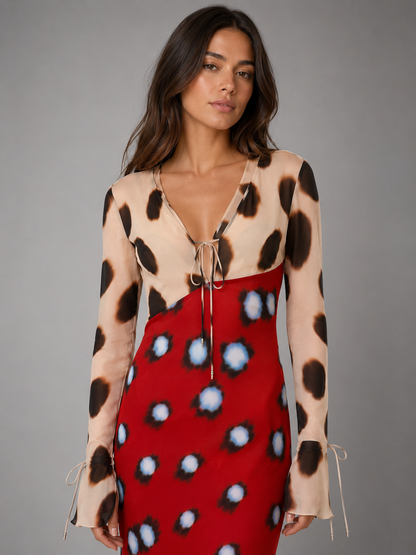 Women's Animal Print Maxi Dress – Plunging V-Neckline with Tie-Front Detail – Fitted Long Sleeves
