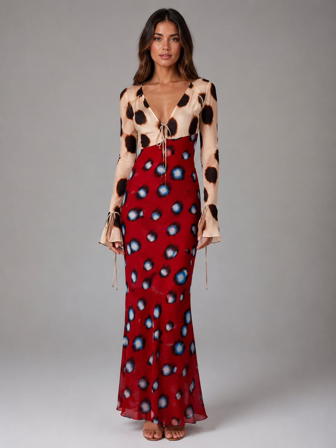 Women's Animal Print Maxi Dress – Plunging V-Neckline with Tie-Front Detail – Fitted Long Sleeves