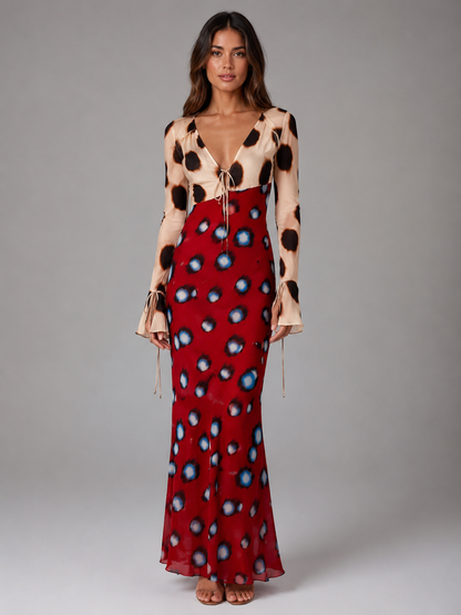 Women's Animal Print Maxi Dress – Plunging V-Neckline with Tie-Front Detail – Fitted Long Sleeves