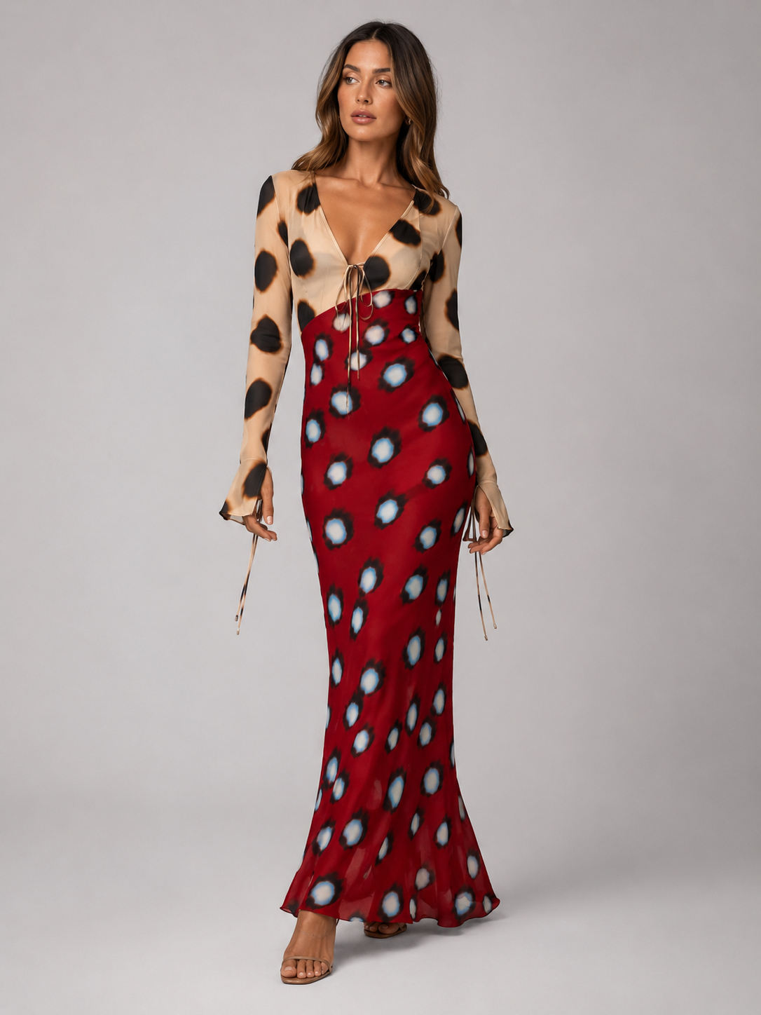 Women's Animal Print Maxi Dress – Plunging V-Neckline with Tie-Front Detail – Fitted Long Sleeves