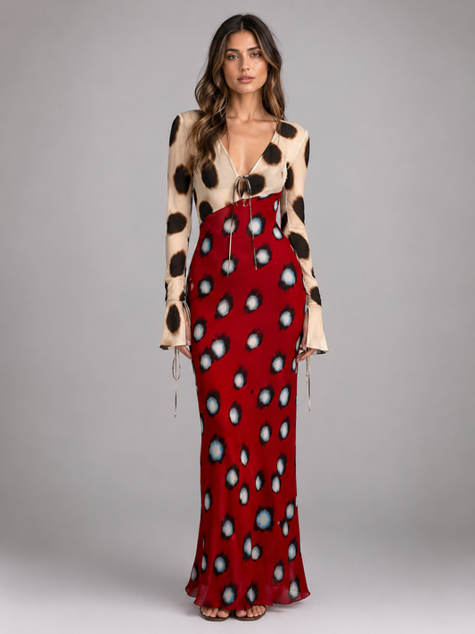 Women's Animal Print Maxi Dress – Plunging V-Neckline with Tie-Front Detail – Fitted Long Sleeves