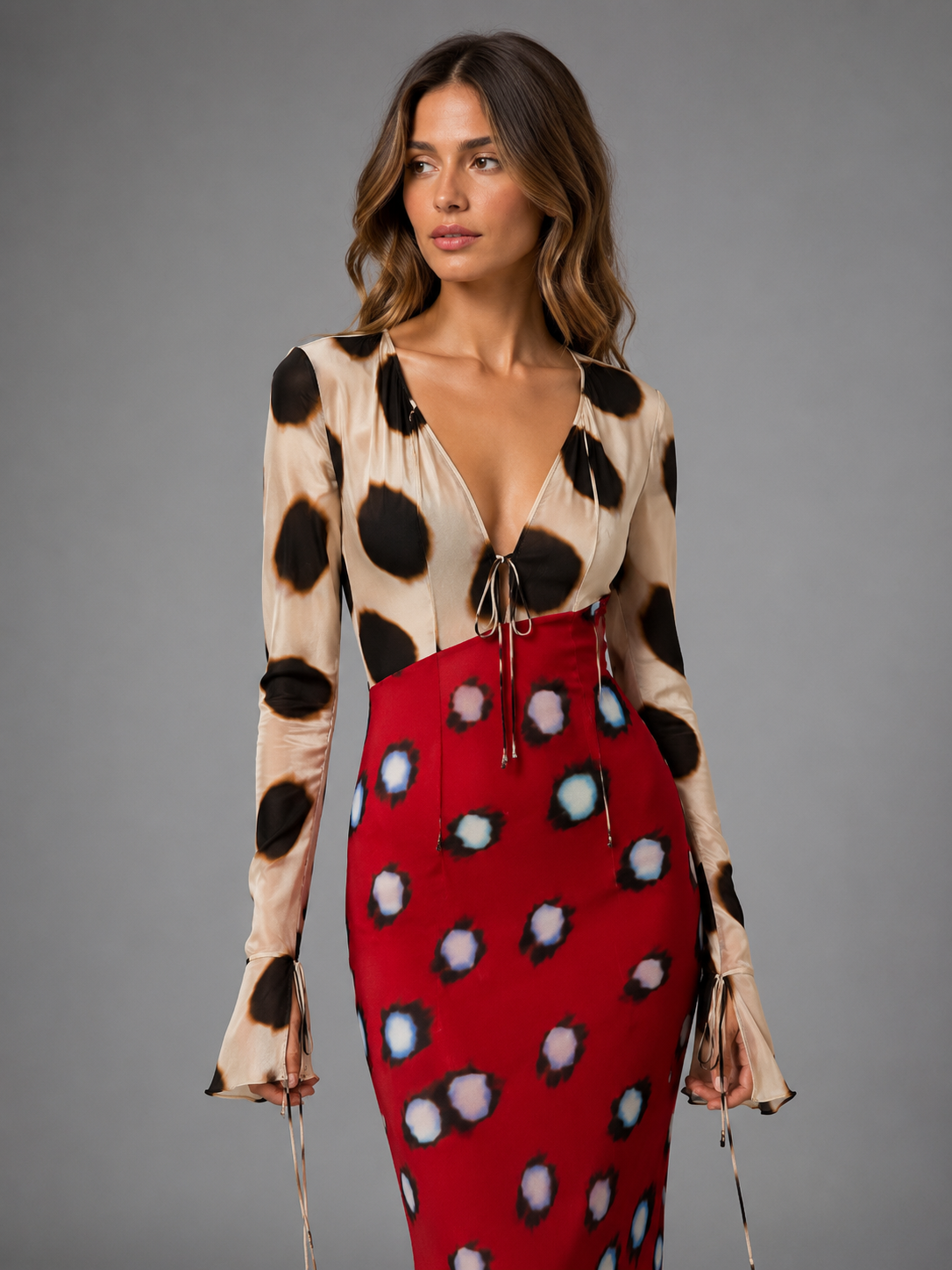 Women's Animal Print Maxi Dress – Plunging V-Neckline with Tie-Front Detail – Fitted Long Sleeves
