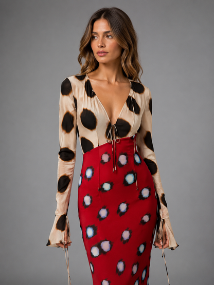 Women's Animal Print Maxi Dress – Plunging V-Neckline with Tie-Front Detail – Fitted Long Sleeves