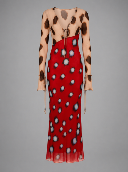 Women's Animal Print Maxi Dress – Plunging V-Neckline with Tie-Front Detail – Fitted Long Sleeves
